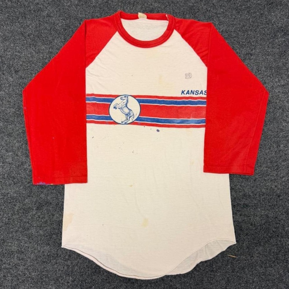 Vintage 80s Kansas Raglan Tee Shirt Screen Stars 3/4 Sleeve Red White Mens M